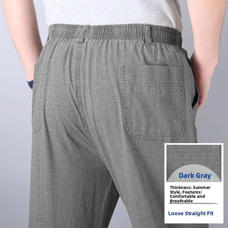 بنطلون رجالي كاجوال عالي الخصر من القطن والكتان، بنطلون صيفي رقيق مستقيم الساق وفضفاض بخصر مطاطي، ملابس مريحة لكبار السن