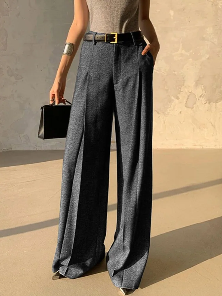 Yeezzi Women's Grey Business Casual Suit Pants 2025 New Fashion Elastic High Waist Wide Leg Loose Pleated Belt Trousers Bottoms