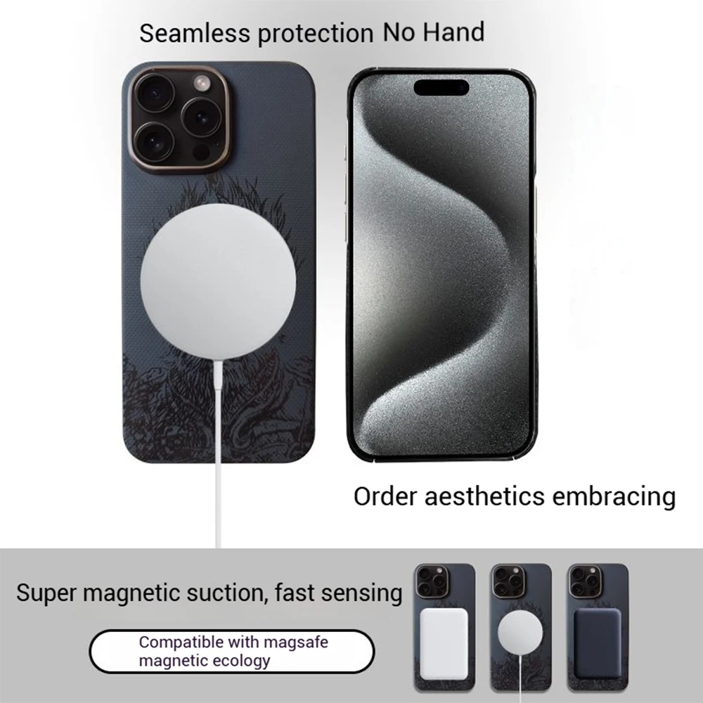 

Черный магнитный чехол Wukong из 100% углеродного волокна для iPhone 15/16, кевларовый чехол с защитой от отпечатков пальцев MagSafe, тонкий, противоударный, устойчивый к царапинам