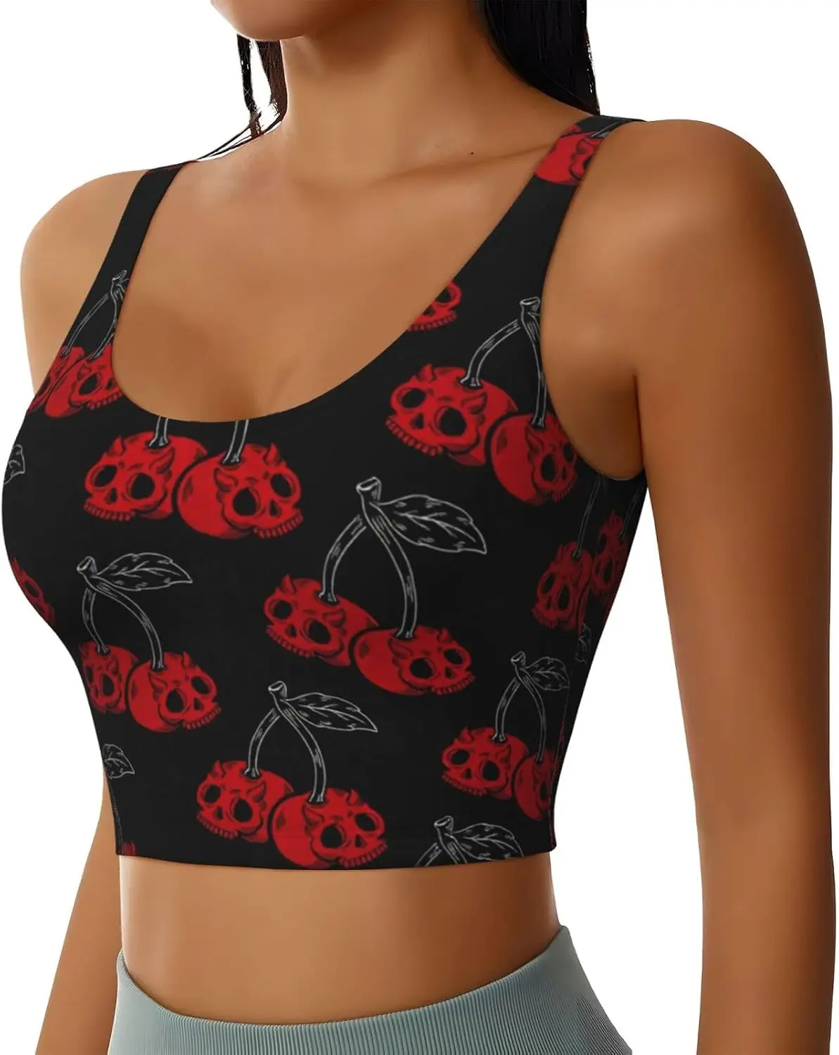Red Skull Cherry Women's Sports Bra, Racerback Workout Bra with Removable Pads, Soft Stretch Yoga Bra