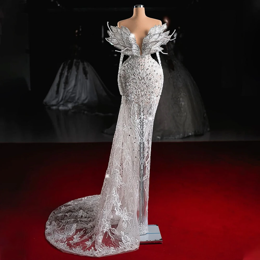 

Evening Gowns Studded Rhinestone Pearls Deep V Mermaid Lace Long Leaf Shape Shoulder Tulle See-through Luxurious Prom Dress