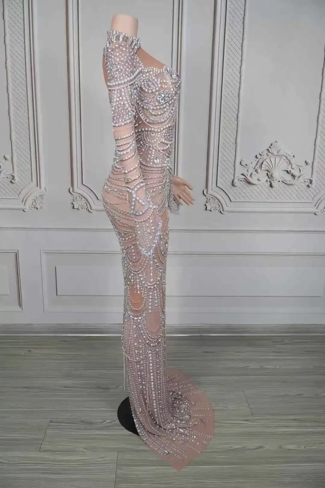 Vestido longo elegante com pérolas e cristais, vestido feminino sexy transparente de malha para noite, aniversário, comemoração de casamento, sessão de fotos