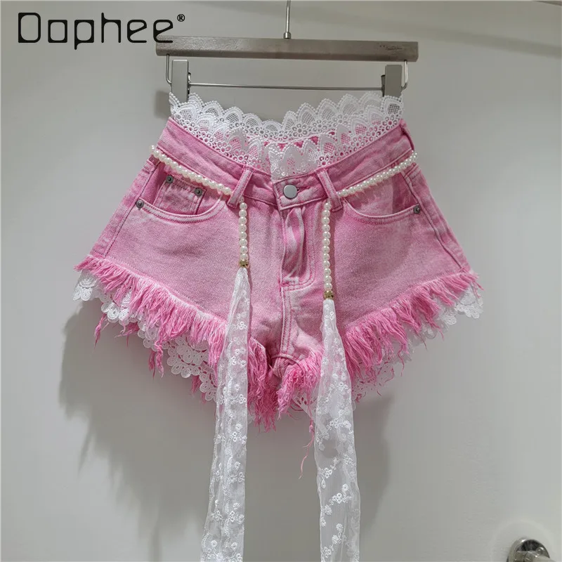 

Jean Shorts Hot Pants 2026 Summer New Splicing Hook Lace Rough Edge Denim Shorts + Pearl Belt Women High Waisted Shorts