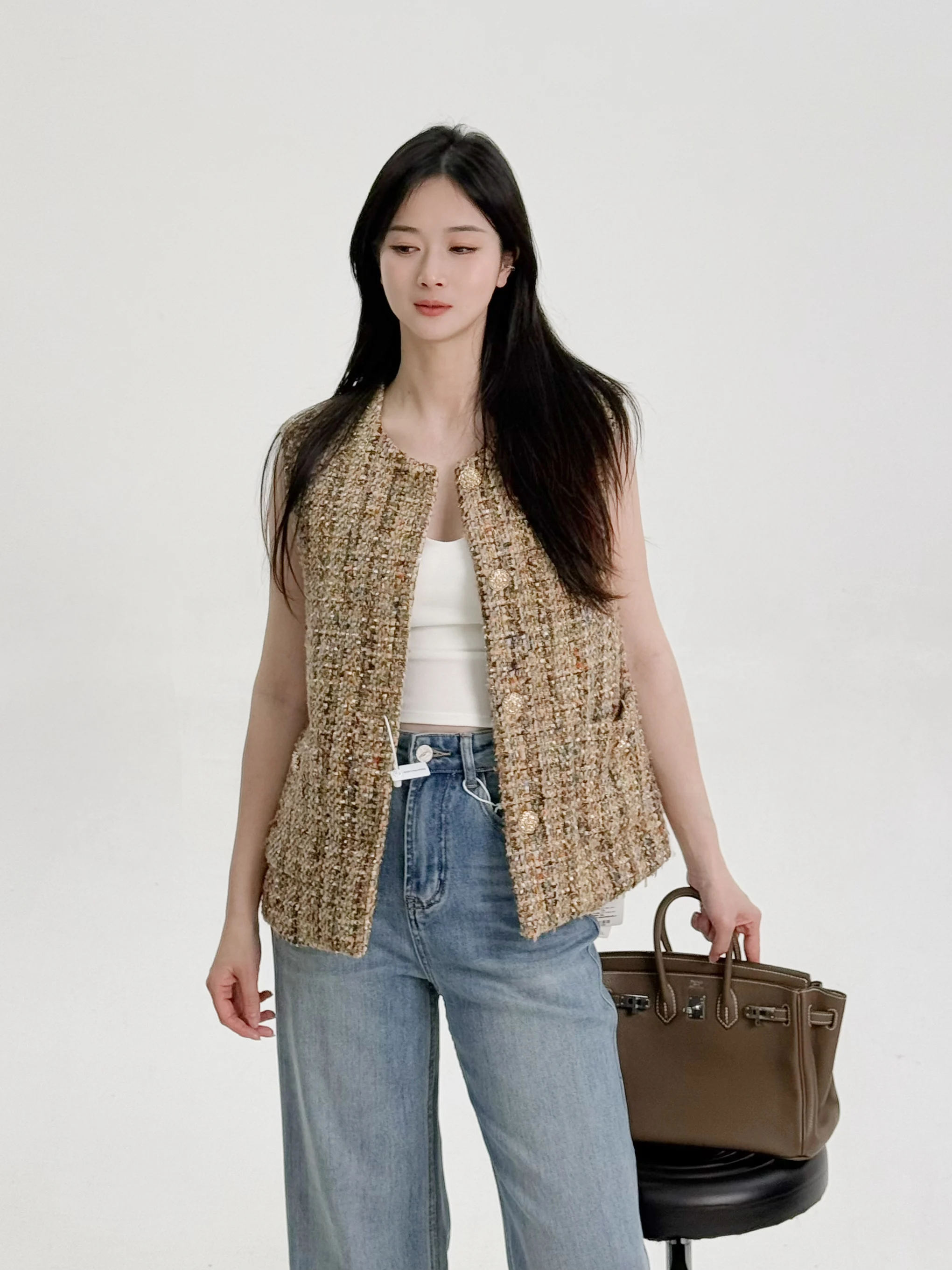 

Жилет из твида в стиле ретро Ease the Label, с одной пуговицей, оригинальный дизайн, из полиэфирного волокна, стандартная длина