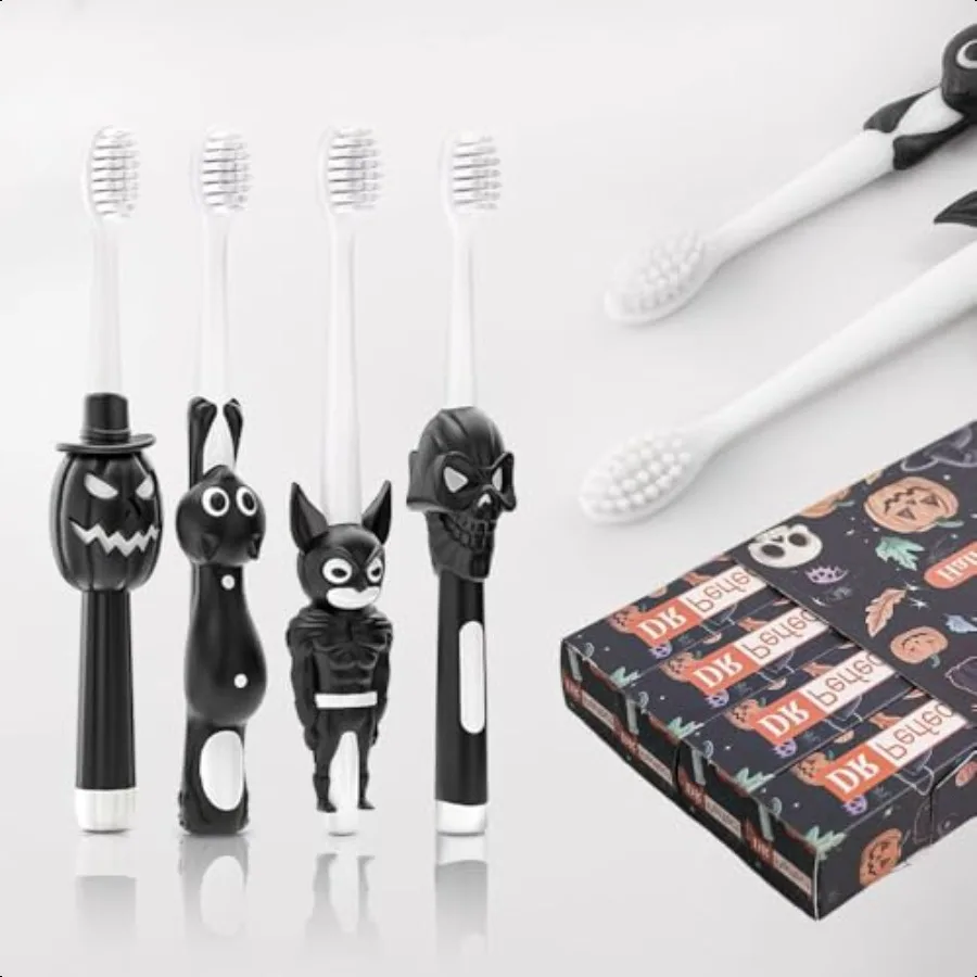 DR PERFECT Halloween-Handzahnbürste, weiche Borsten, 4 Stück, eine Packung, ein Skulla-Fledermaus, eine Pumpkina-Katze im Lieferumfang enthalten