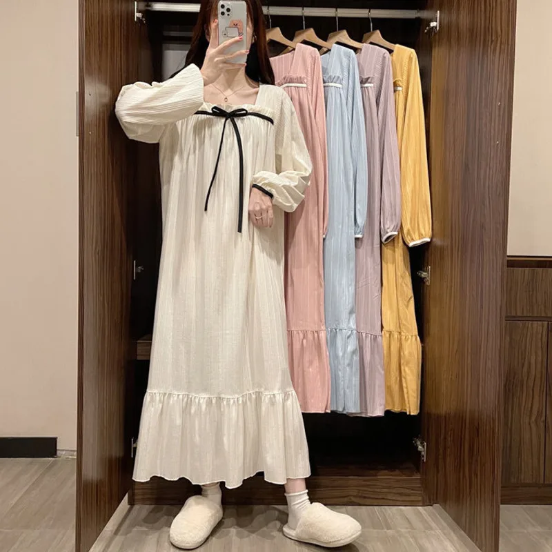 Spring Nightdress Cotton Long Sleeve Comfy Nightgowns Sleepshirt Solid Autumn Sweet Dressing Gown Nightwear Home Clothes Pajamas