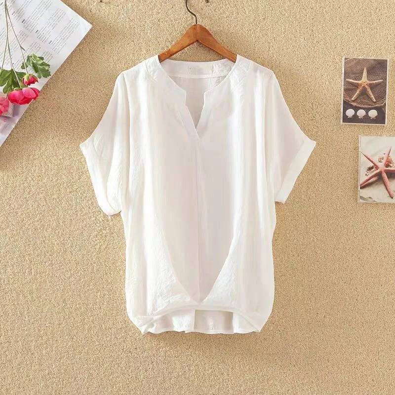 

2025 Summer Cotton Linen Women's Shirt Loose Temperament V-neck Chiffon Top Short-sleeved Bat Hidden Blouses for Female