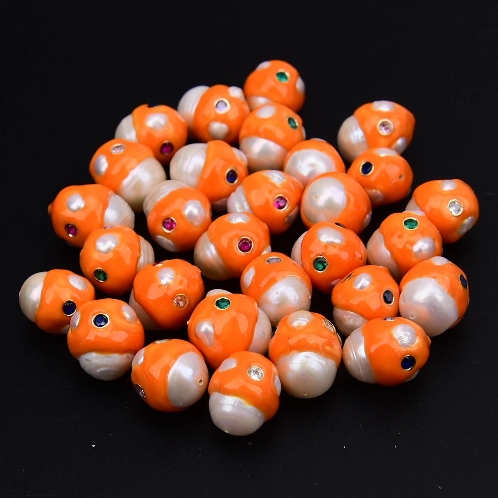 

APDGG 10 Pcs Natural White Keshi Pearl Paved Mix Color CZ zircon Orange Enamel craftsmanship Edge Loose Beads