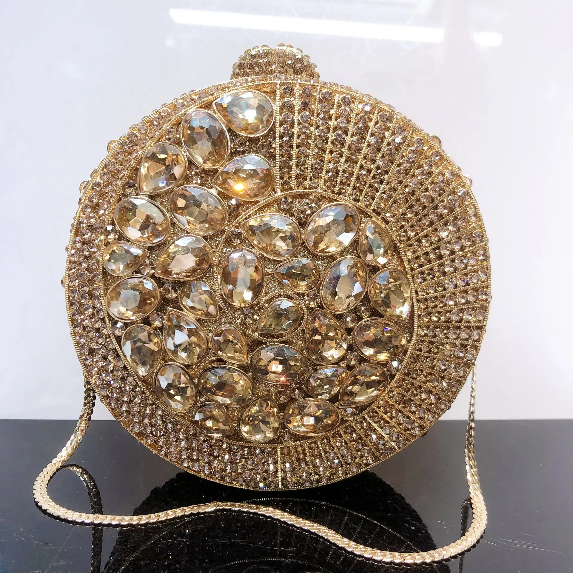 Round Evening Bag Gold Metal Rhinestone Wedding Bridal Clutches Luxury Lady Silver Party Dinner Minaudiere Formal Clutch Handbag