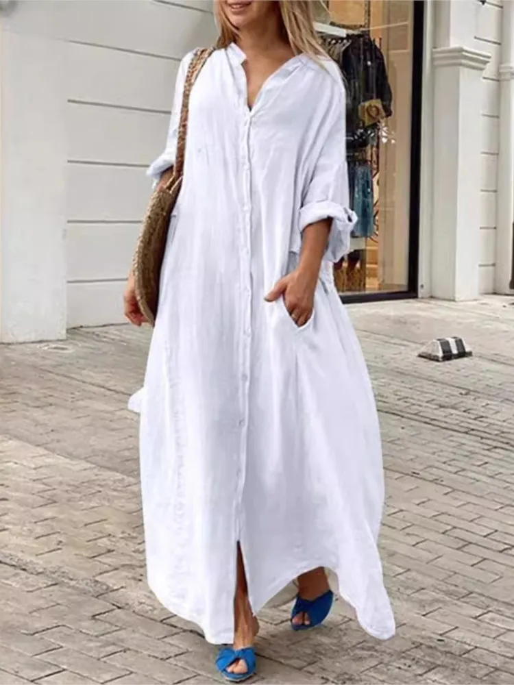2024 Spring Autumn Women\'s New Casual Pocket Shirt Collar Long Skirt Casual Cotton Linen Loose Comfortable Dress