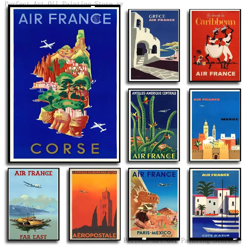 Air France Airline Advertising Vintage Travel Poster Self-adhesive Art Room Entrance Restaurant Wall Decor Art Painting