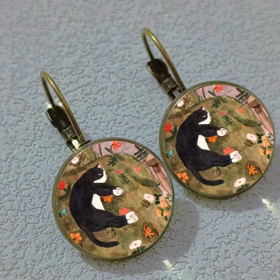 2024 Colorful Cat Earrings Abstract Oil Painting Cat and Animal Style Glass Women\'s Earrings Cute Wedding Gift