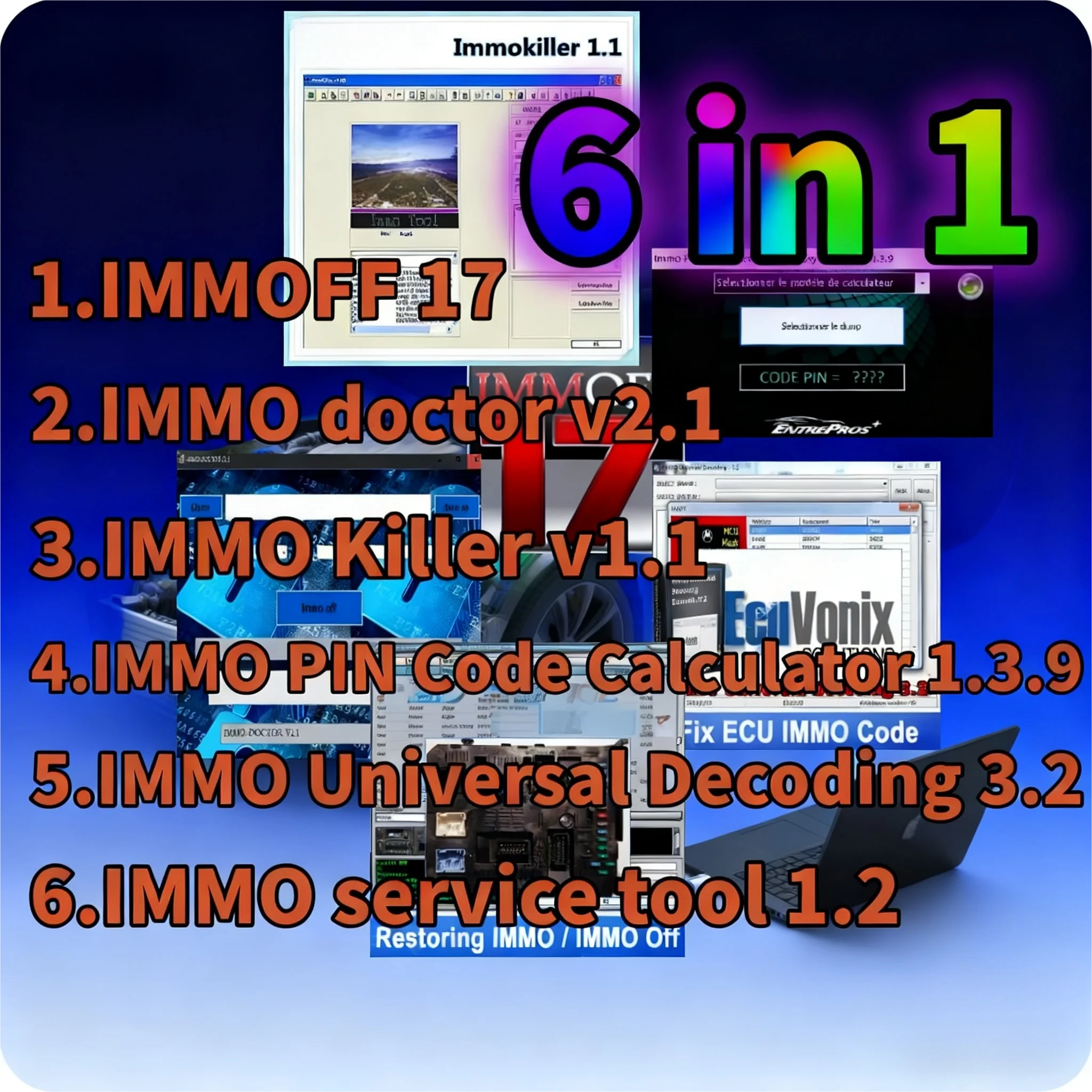 

NEW!! IMMO service tool+ImmoKiller+IMMO Pin Code Calculator+IMMO OFF software pack+immoff 17+IMMO doctor+IMMO Universal Decoding