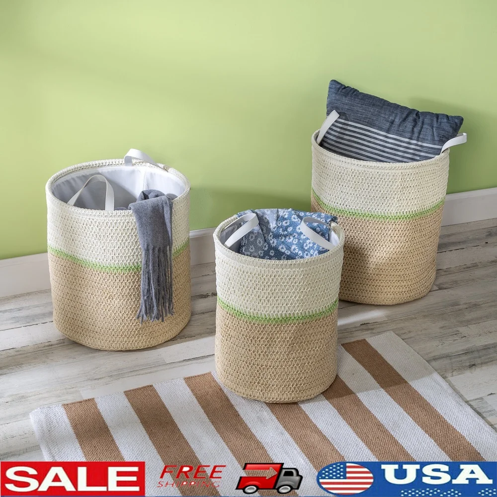

Set of 3 Paper Straw Baskets with Handles Nesting Storage Bins Laundry Organizing Kids Toys Nursery Home Decor