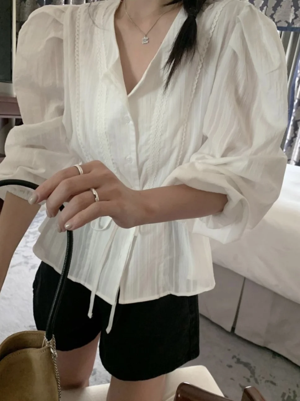 Kanten rand Bubble Sve irt Dames Losse string Taille Afslanken Fre Sle Leeftijdsreductie Top Trendy Katoen Lange Sve