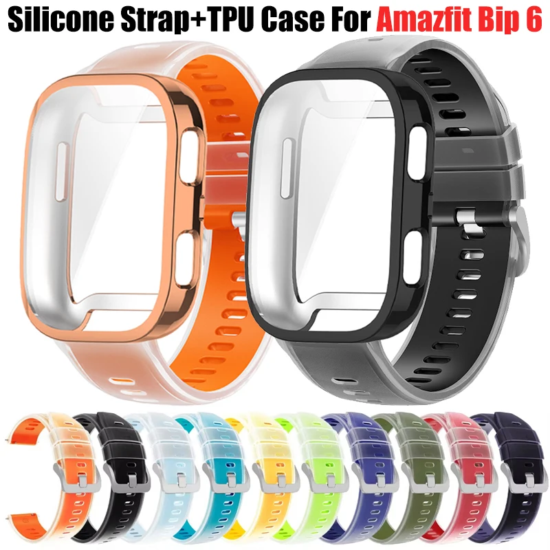 2 IN 1 TPU-Hülle + durchscheinender Riemen für Amazfit Bip 6 Silikonarmband Correa mit Displayschutzfolie für Amazfit Bip 6 Zubehör