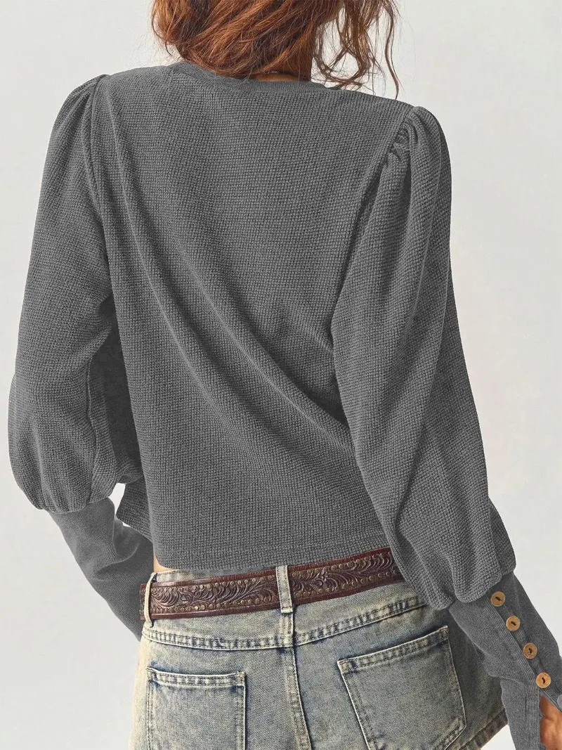Women Autumn Winter Waffle Knit Sweatshirt Solid Long Sleeve Button Cuff Cropped Top Vintage Loose Casual Warm Pullover Blouse