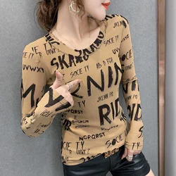 #8107 Black Khaki Letters Printed T Shirt Women Sexy Vintage Mesh T Shirt O Neck Slim Women's T-shirt Thin Sexy Woman T-shirts