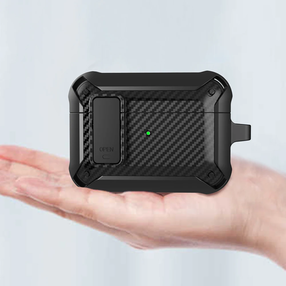 Funda con cerradura de seguridad para Airpods Pro 2, funda de lujo con interruptor de fibra de carbono para auriculares con llavero para Airpods 4