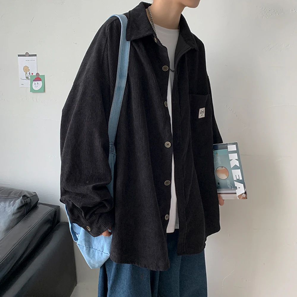 Corduroy Shirts For Men Long Sleeve Black Shirt Spring Summer Korean Streetwear Clothes Unisex Fashion Casual Oversize Shirt