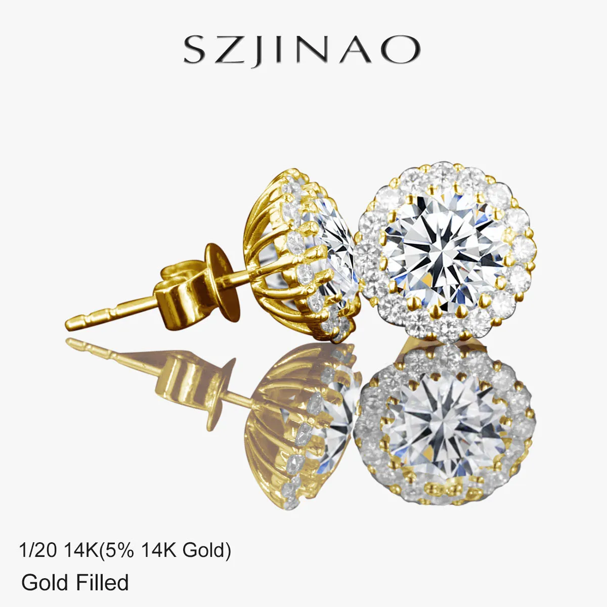 szjinao Luxury 14k Gold Filled Moissanite Stud Earrings for Women D VVS1 7mm Round Cut Diamond Studs Wedding Anniversary Jewelry