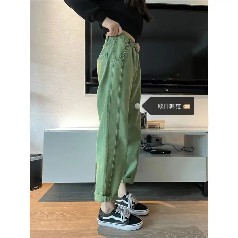 Jeans hijau wanita, celana pinggang tinggi longgar lurus kaki lebar Y2k kasual Streetwear Vintage Korea musim gugur 2023