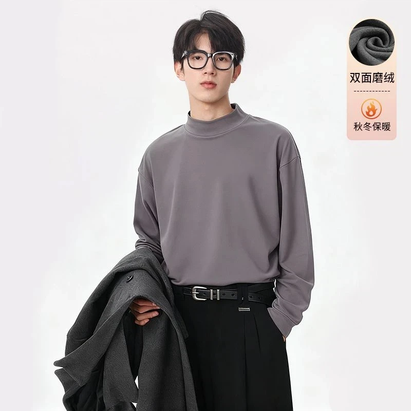 الخريف والشتاء بلون الوجهين نحى نصف الياقة المدورة الحرارية قاع قميص طويل الأكمام تي شيرت الرجال رداء علوي غير رسمي