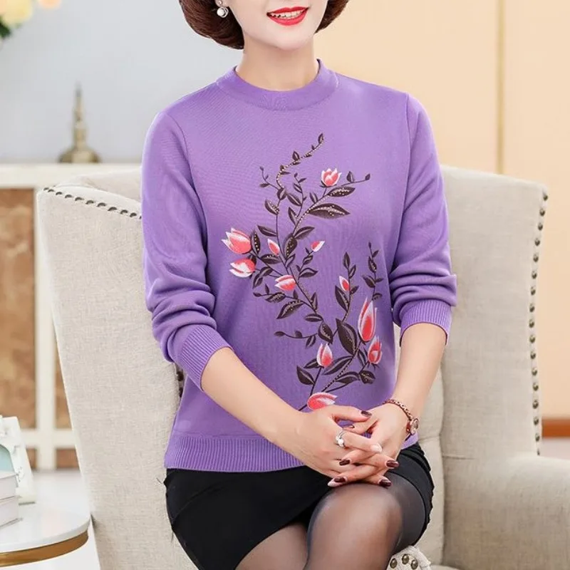 Women\'s Autumn Winter Solid Round Neck Rhinestone Screw Thread Floral Pullover Long Sleeve Flocking Sweater Knitted Fashion Tops