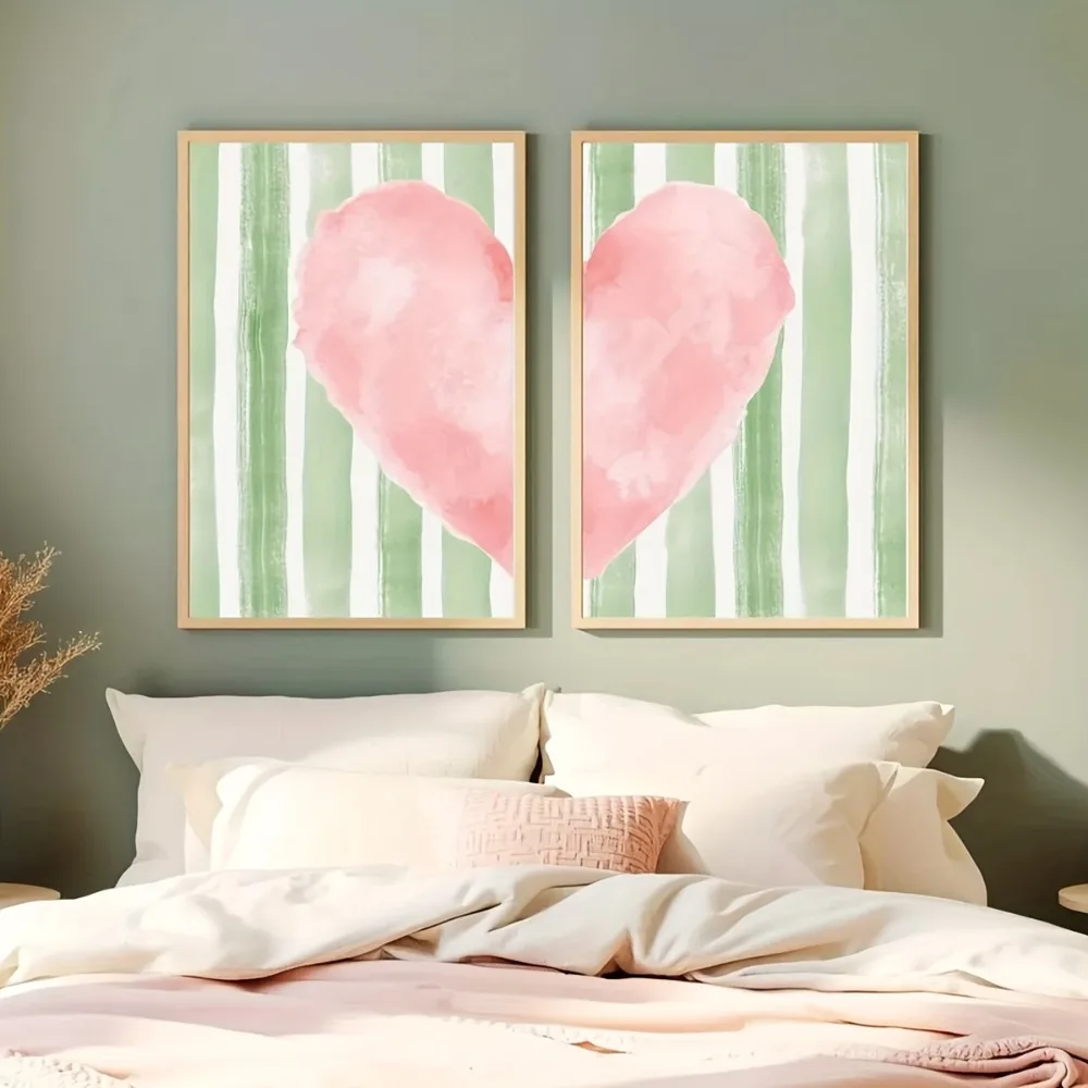 2PCS Large-sized frameless canvas paintings,2pcs Frameless,Pink Heart Poster,Green Striped Wall Decor,Abstract Heart Wall Art,Re
