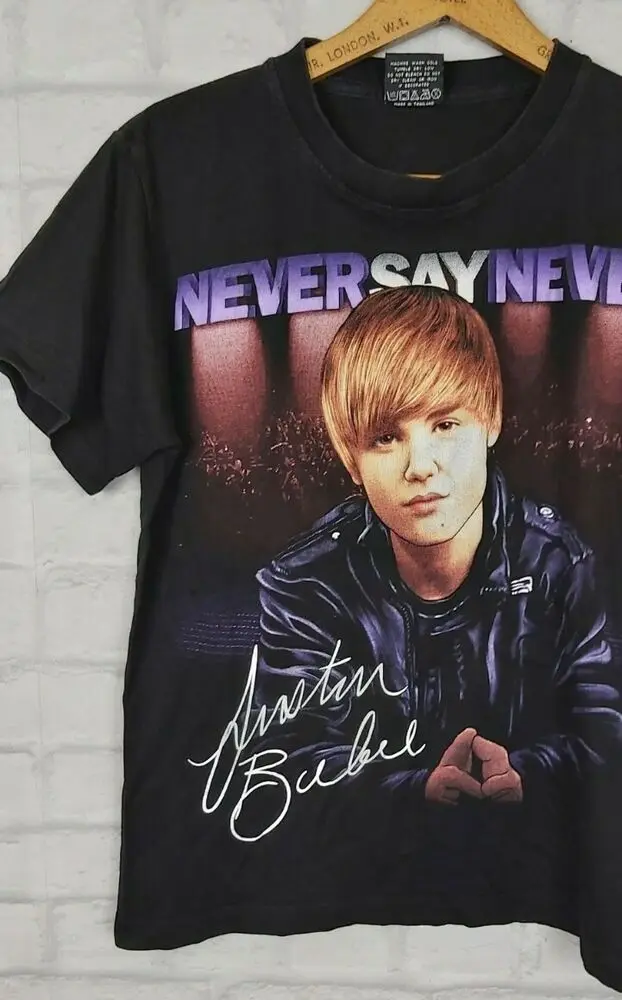 VINTAGE RETRO 90S BRIGHT BOLD JUSTIN BIEBER NEVER SAY NEVER CRAZY T SHIRT TOP