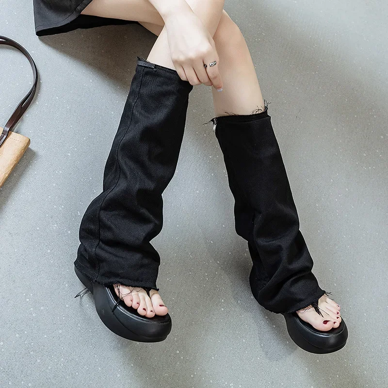 Long Boots Women Black 2024 New Style Clip Toe Thick Soled Denim Trouser Tube Cool Boots for Women Sandal Botas De Mujer TPU