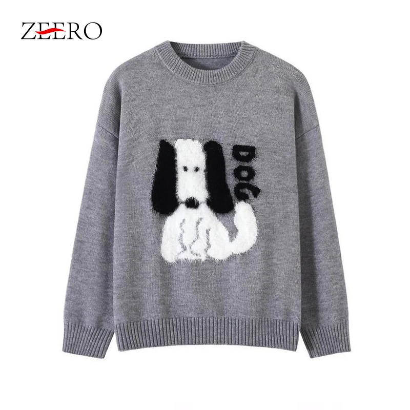 Lazy Soft Cute Puppy Jacquard Crew Neck Pullover Sweater Women's Winter New Thin Age Reducing Knitted Sweater Top