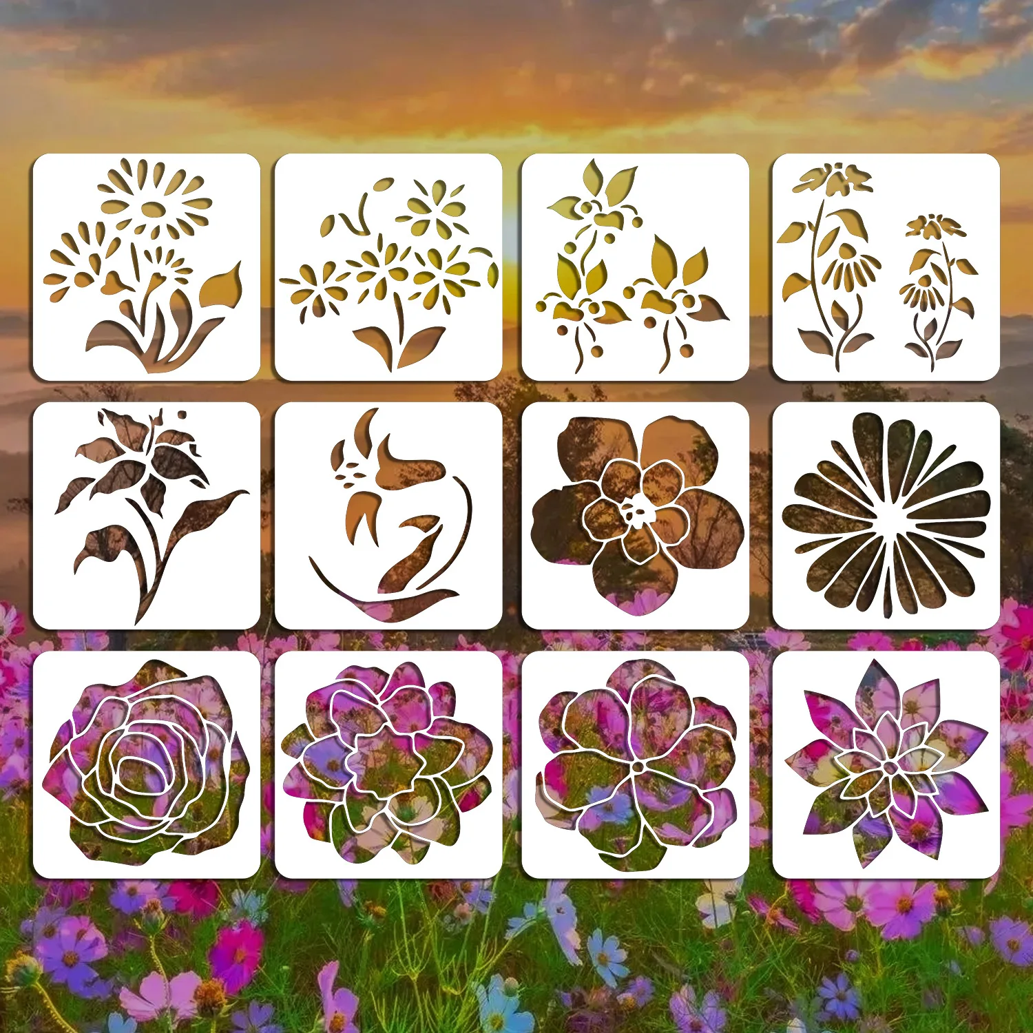 Bview Art 12 Sheets Flower Lace Painting Stencils, Drawing Template for Bullet Journal, Wall Art Reusable DIY Craft Stencil