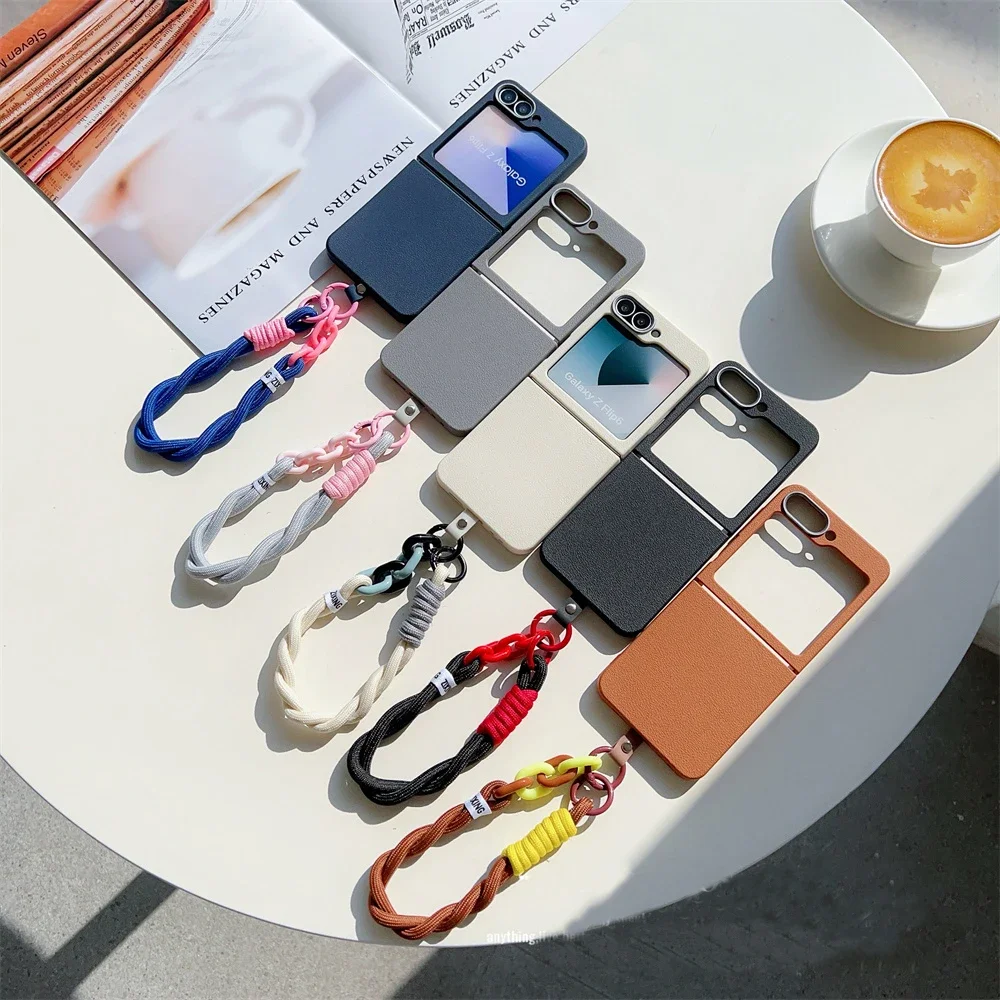 Leather Skin Soft TPU Slim Case For Samsung Galaxy Z Flip 7 6 5 4 3 5G Cover With Hand Strap Lanyard Phone Capa Coque Funda