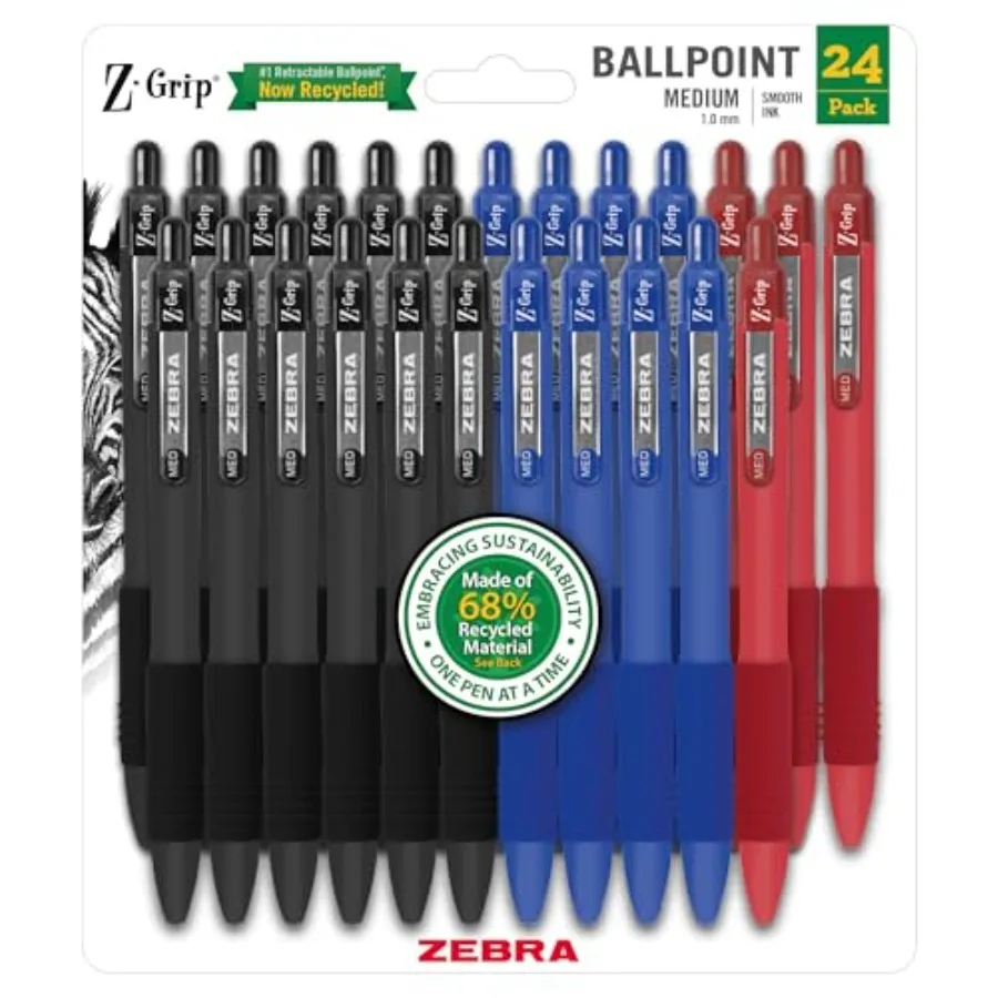 

Z-Grip Recycled Retractable Ballpoint Pens, 1.0mm, Assorted Colors, Durable Metal Clip, 68% Recycled GRS Certified Global Recyc