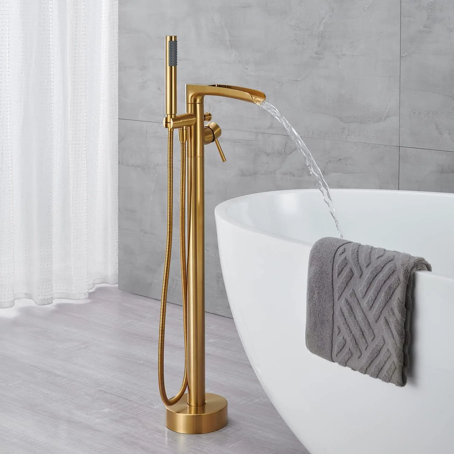 

High Quality Freestanding Tub Faucet Waterfall Bathtub Filler Brushed Gold Floor Mount Brass Bathroom Faucets with Hand Shower