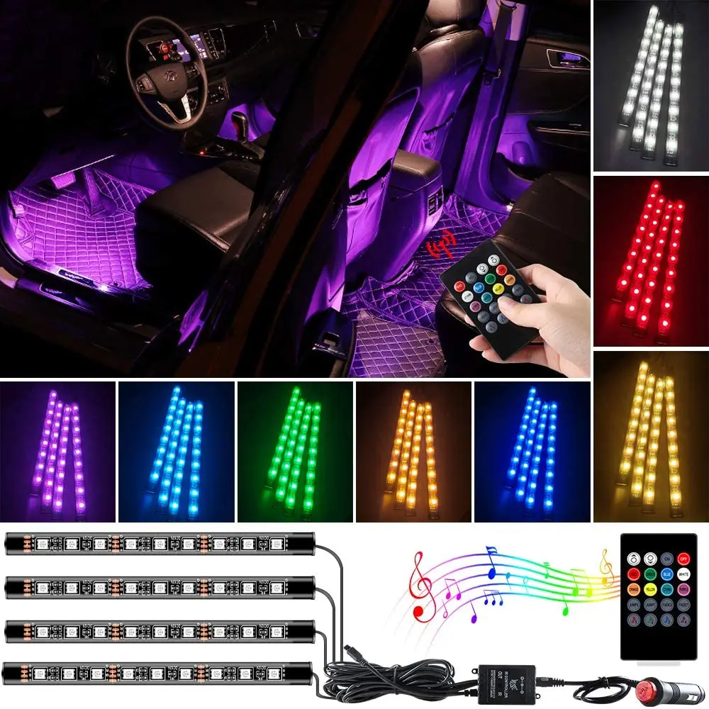 Car RGB LED Strip Foot Light Ambient Lamp Wireless Remote Auto Decorative Light Music Control Atmosphere Lamp Led Billboard Bar