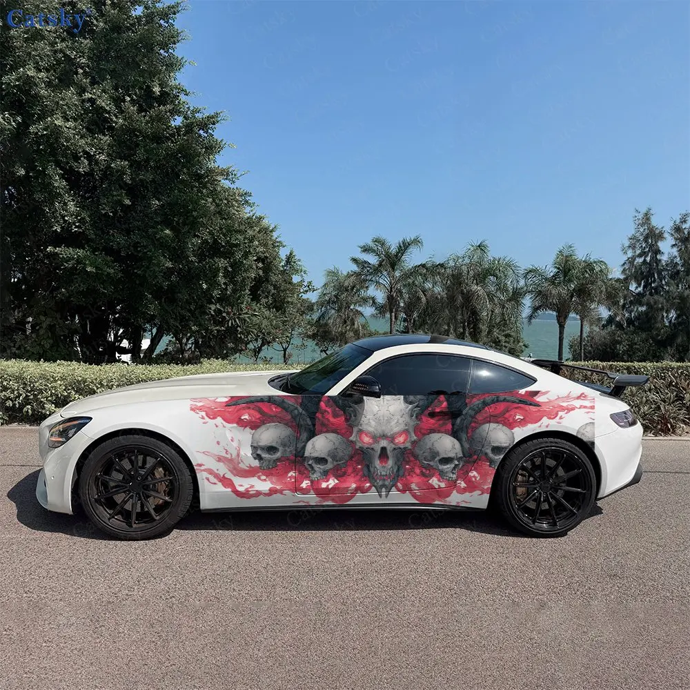 2pcs Abyss Demon Bone Skull Fire Car Side Wraps, Self-Adhesive PVC Waterproof & Scratch-Resistant Stickers, Car Accessory Gift