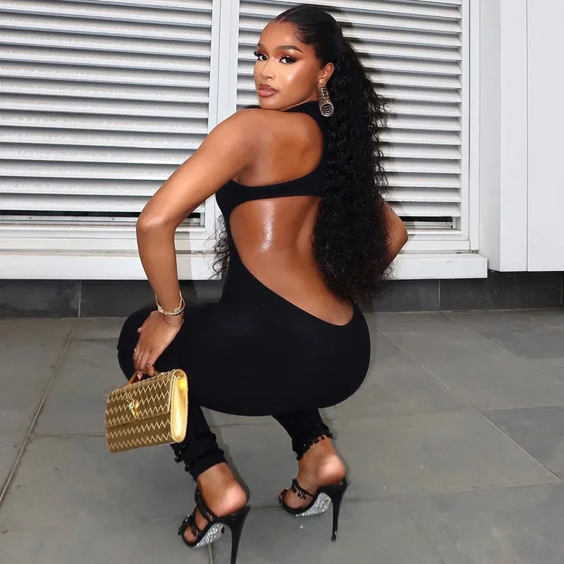 Sexy Open Back Black Overalls for Woman Jumpsuit Night Club Outfits Party Sleeveless Hollow Out Skinny One Piece Romper Mono