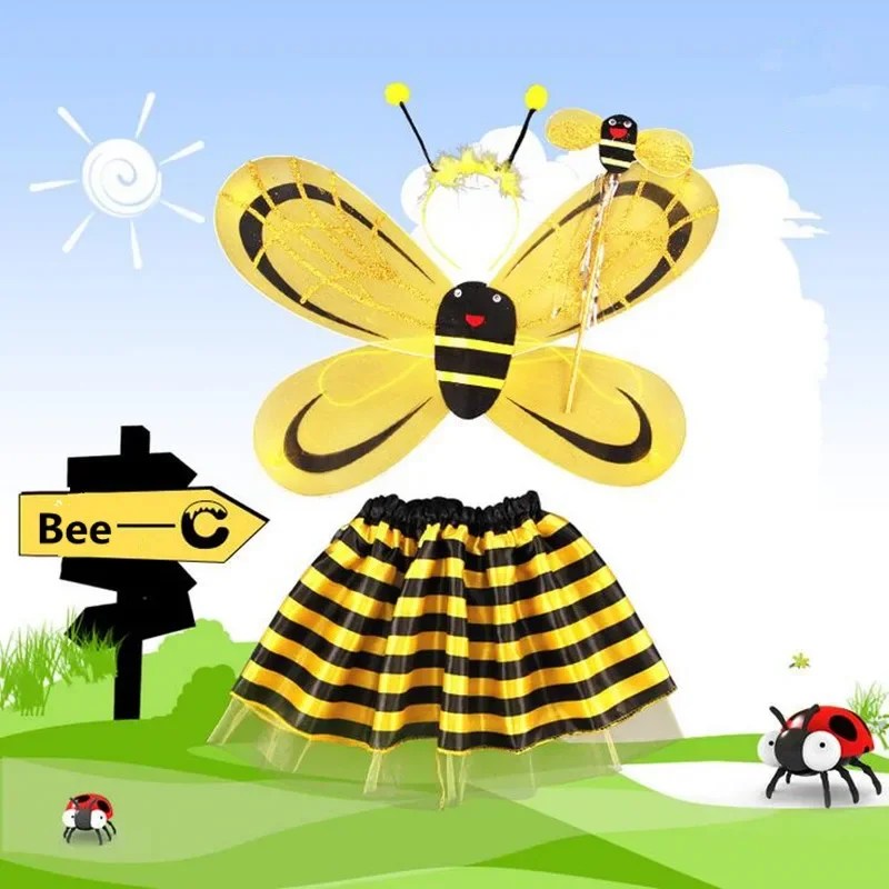 Bee Wings Antenna Headband Fairy Wand Skirt Costume Set Performance Props Girls Princess Gifts Party Dress Decoration Purim