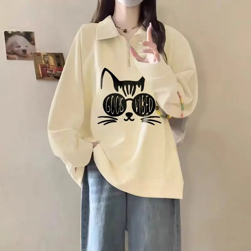 

Spring Autumn Women's 2024 New Splice Polo Collar Zipper Printed Letter Fashion Solid Color Loose Casual Long Sleeve Sweatshirts