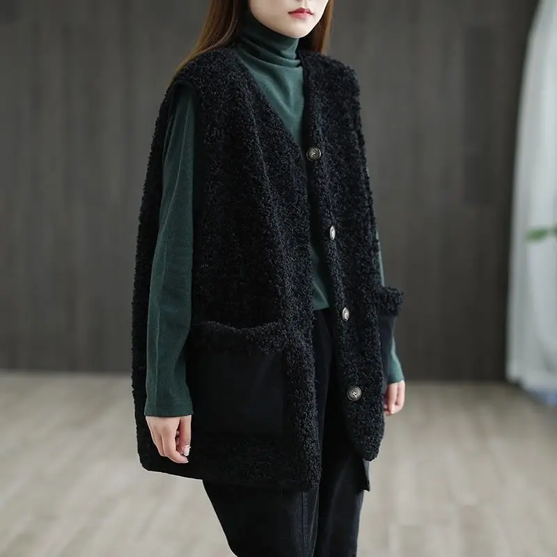 Gilet en velours d'agneau pour femmes, ample, décontracté, artistique, grande taille, Jaet, automne, nouveau Sle, trajet, v-ne, fermeture à bouton unique, Pure C...