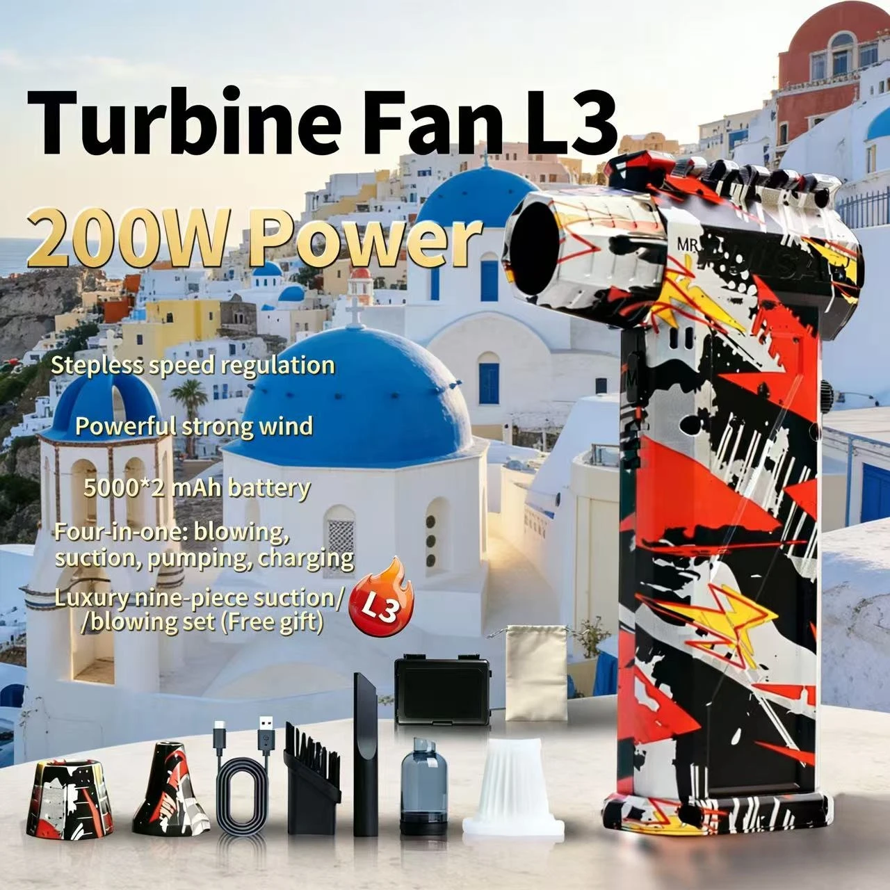 

NEW L3 Silver-Black-Red Brushless Vacuum Fan, 400000 High RPM, 75m/s Strong Wind Speed,Turbo Jet Hair Dryer+Car Wash Gun + Snow