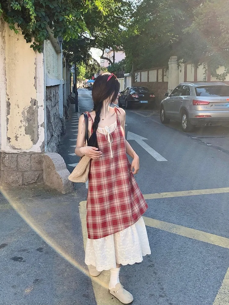 夏チェック柄ストラップドレスレディースミディスカートスタイル通勤ルーズウエストその他素材00%ビッグスイングタイプAラインガウン