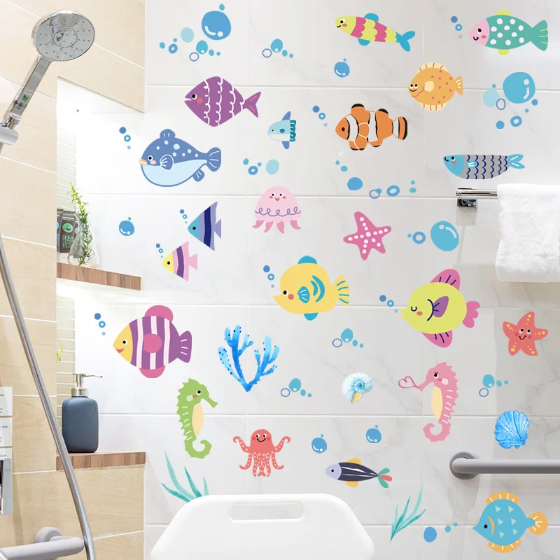 Colorful Cartoon Underwater World Wall Stickers, Clownfish Seahorse Octopus Starfish Kids Bathroom Nursery Decor