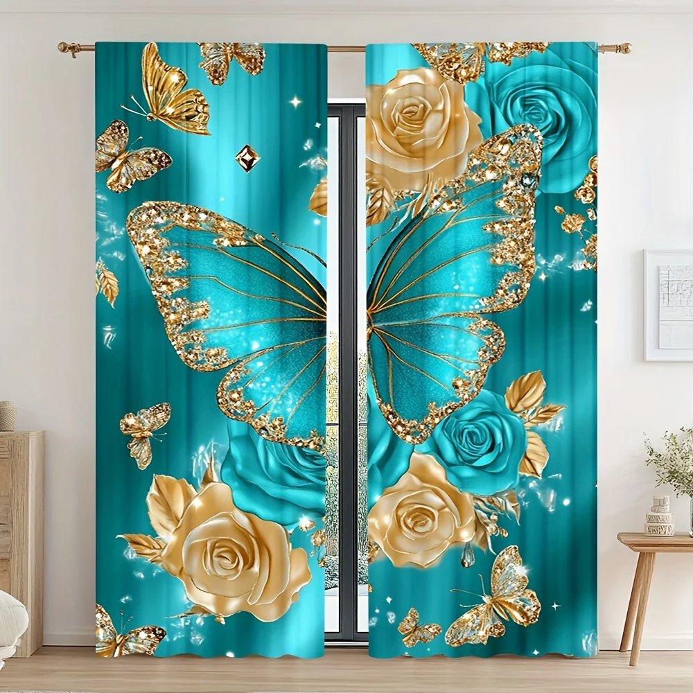 2pcs Teal Butterfly Floral Curtains with Golden Accents, Contemporary Polyester Rod Pocket for Multi-Room Decor