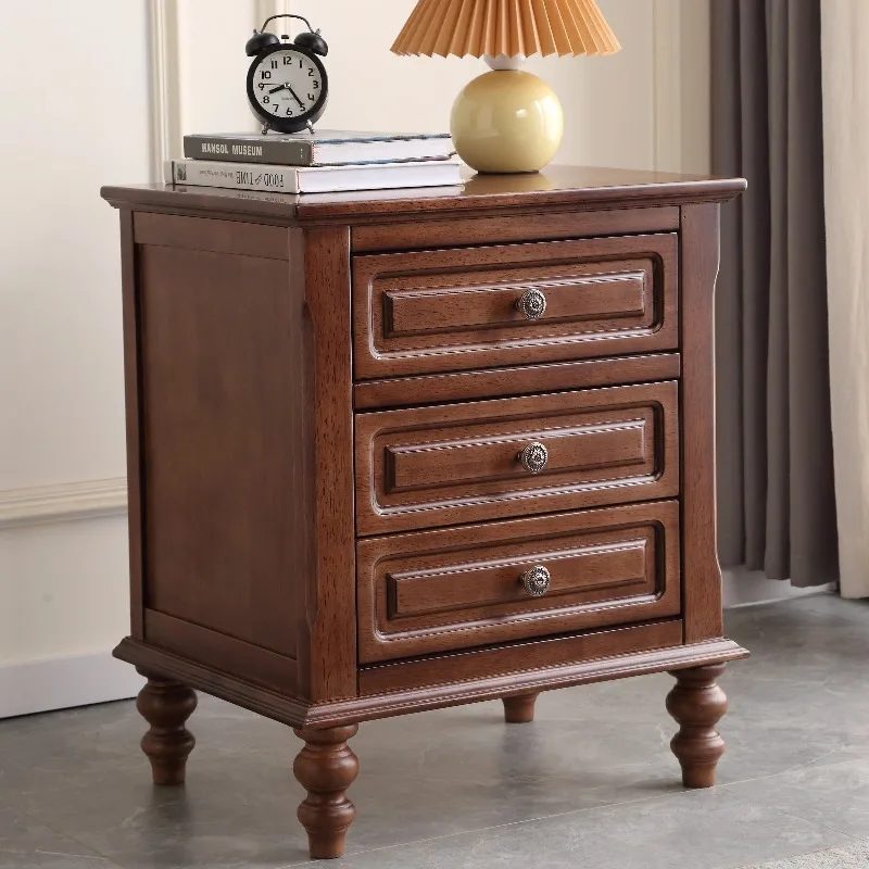 American all-solid wood bedside table, household bedroom three-bucket locker, tenon and mortise structure, storage, bedside draw