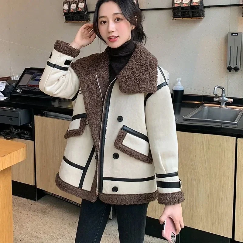 

Winter Grain Fleece Lamb Wool Spliced Motorcycle Women's 2023 New Leather Fur One Piece Coat Jackets