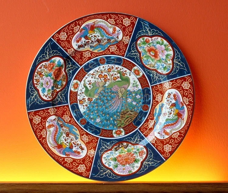 Assiette en céramique peinture or paon Ewan japonais, collection décorative, plateau d'escalier à thé de couloir, bibelot, 30cm