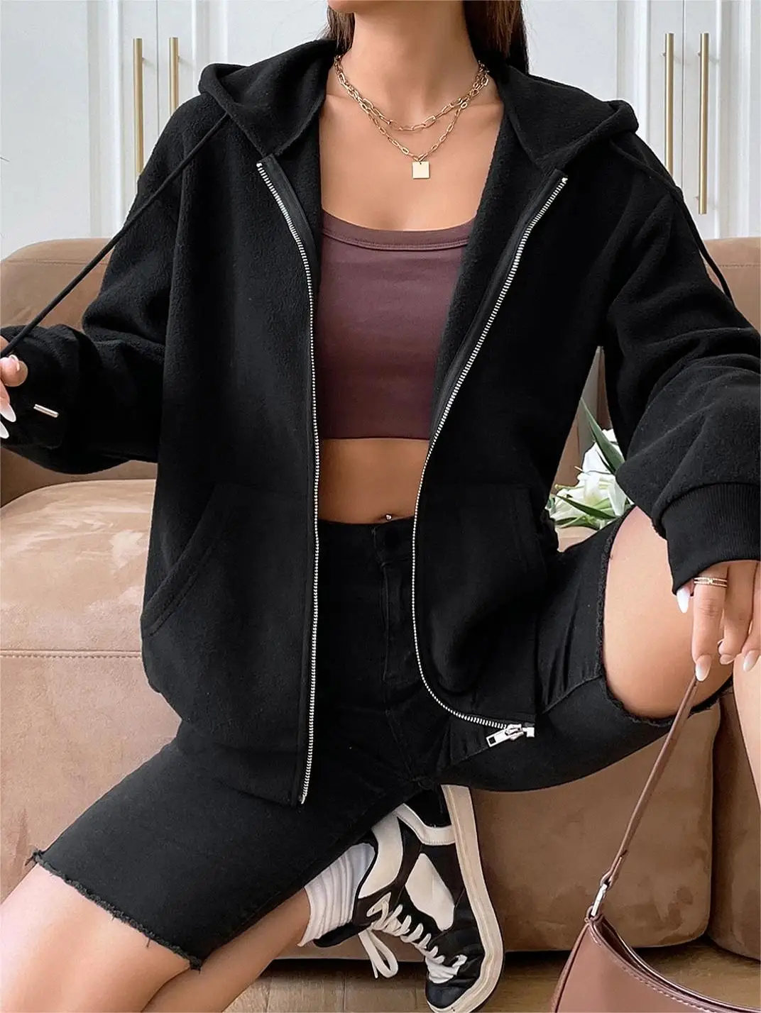 Plus Size Women Fleece Zip Up Hoodie, Oversized Long Sleeve Pocket Hooded Jacket, Casual Loose Solid Color Outerwear S-5XL